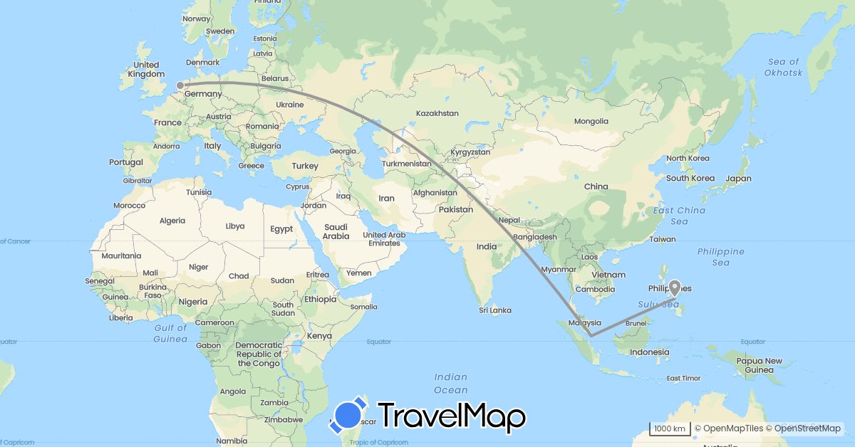 TravelMap itinerary: driving, plane in Netherlands, Philippines, Singapore (Asia, Europe)